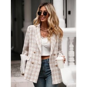 Plaid Lapel Collar Double Breasted Overcoat blazer pea coat cream